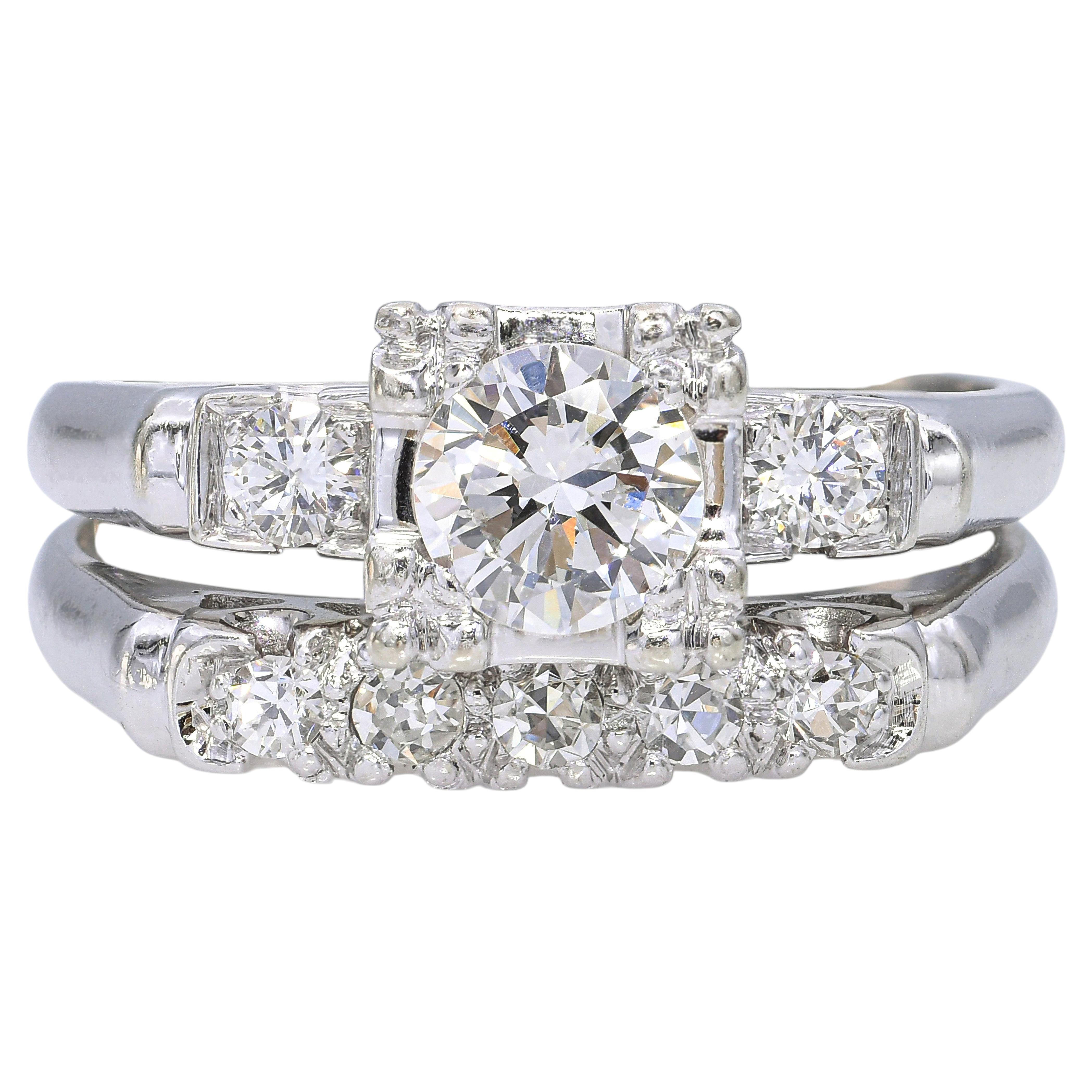 Vintage-Set aus Weißgold mit Diamanten (insgesamt 0,77 Karat) – Verlobungs- und Ehering-Set