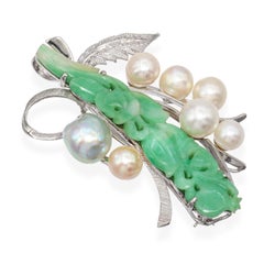 Vintage White Gold Alloy Pearl and Jadeite Jade Bouquet Brooch