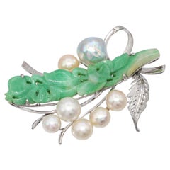Vintage White Gold Alloy Pearl and Jadeite Jade Bouquet Brooch