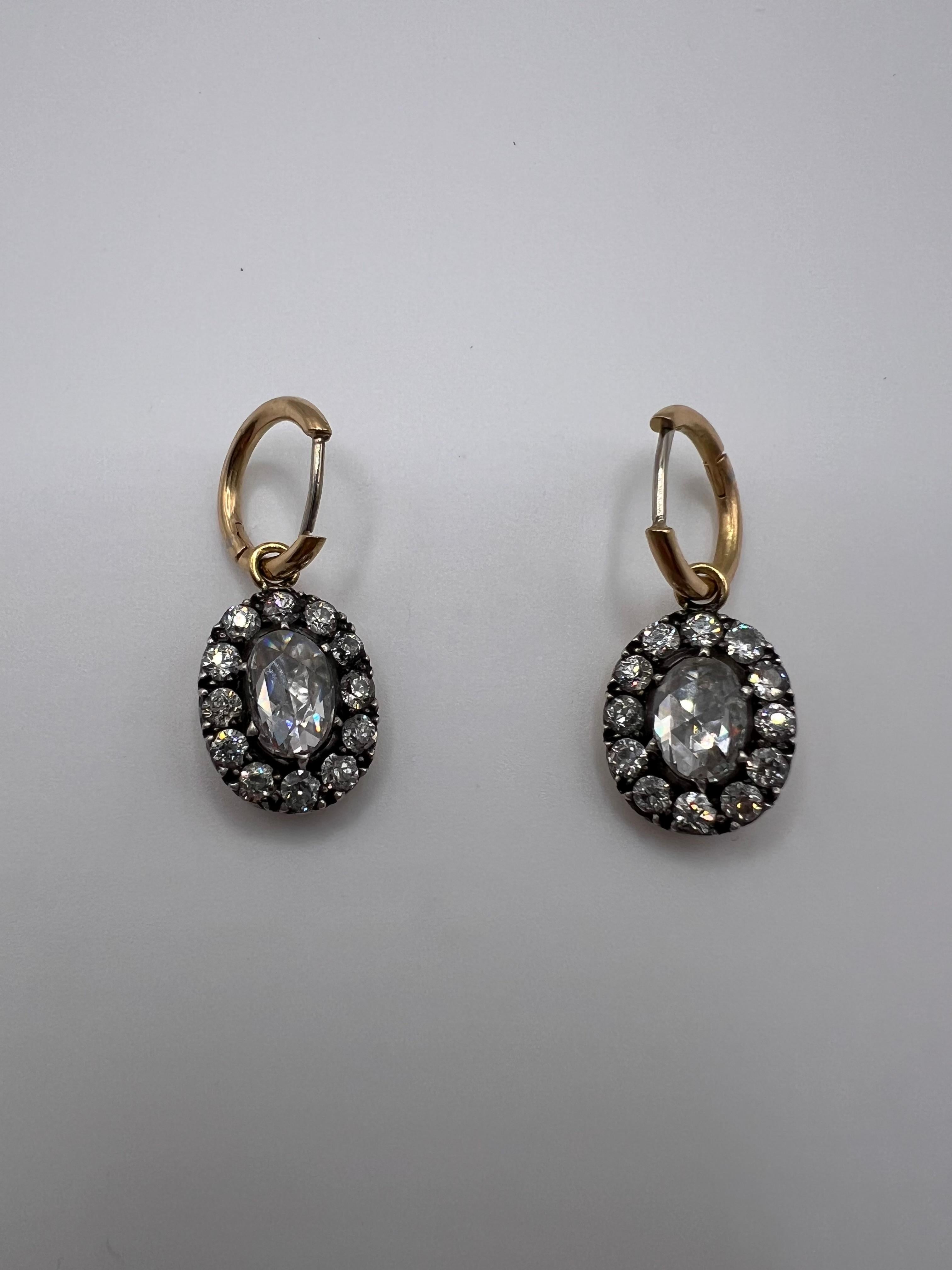 Oval Cut Vintage White Gold and Diamond Earrings For Sale