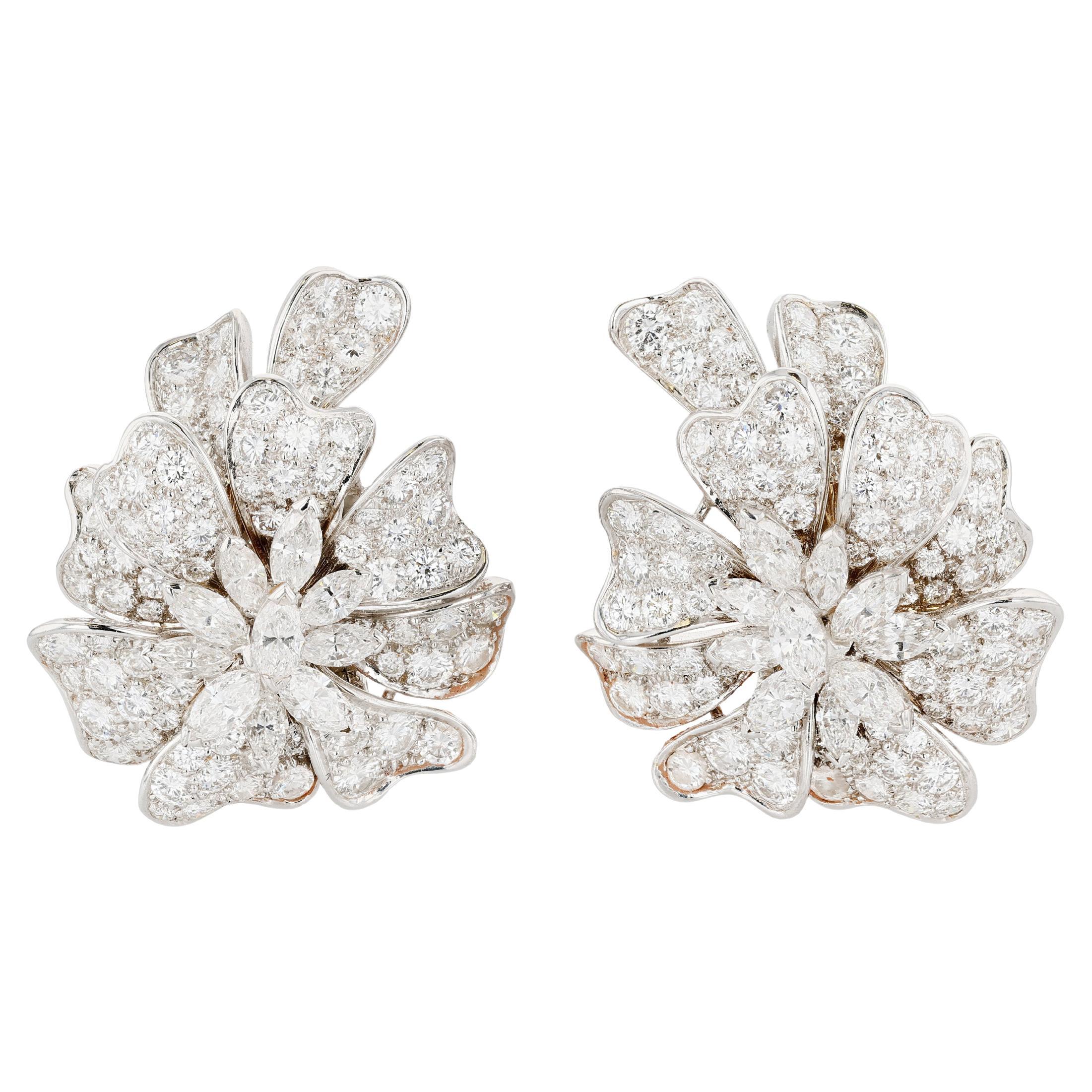 Vintage White Gold and Diamond Floral Earclips