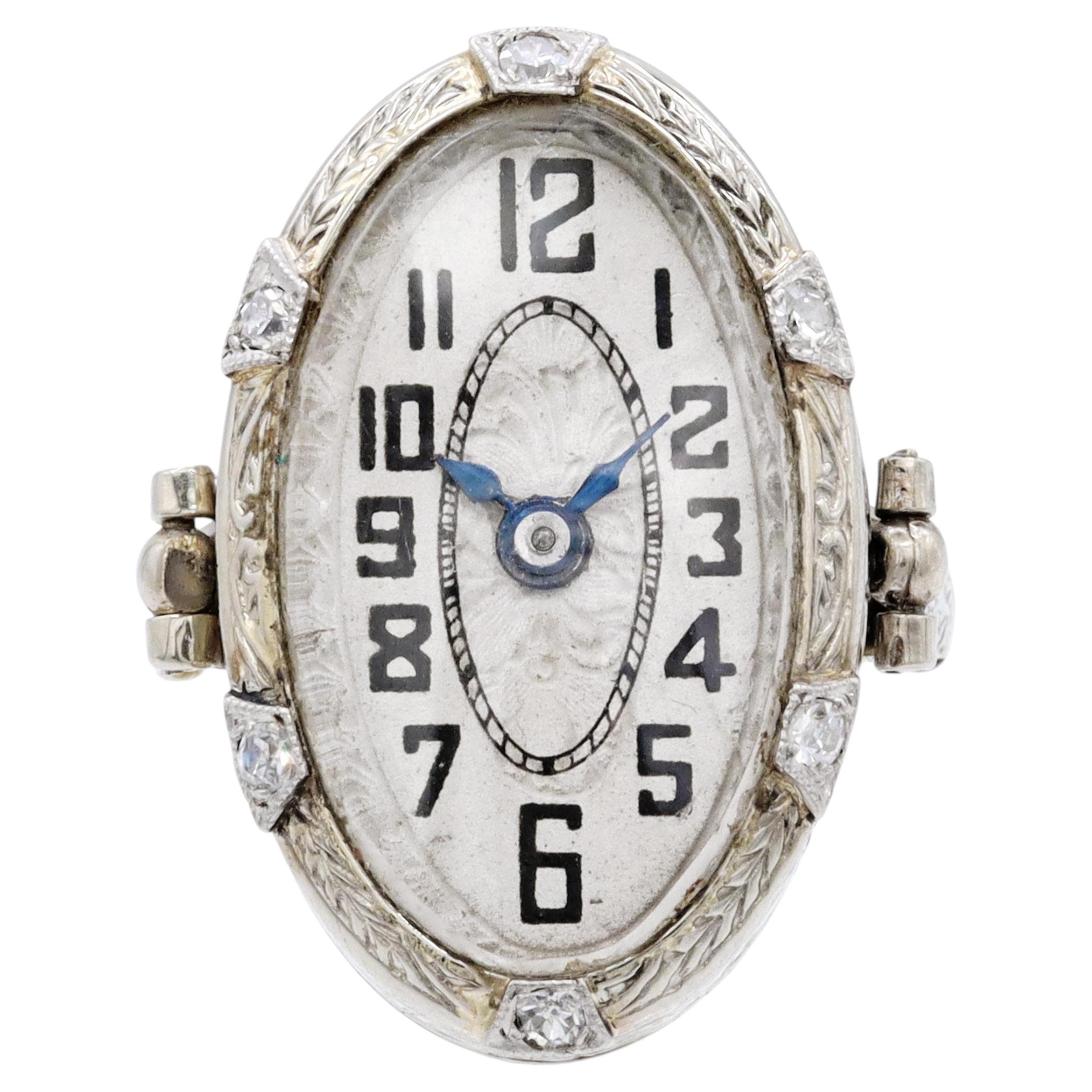 Vintage-Armbanduhrring aus Weißgold und Diamanten mit Handaufzug