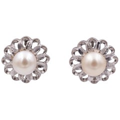 Vintage White Gold and Pearl Earrings, 1950s