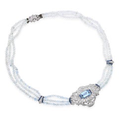 Vintage White Gold Aquamarine Diamond & Sapphire Beaded Necklace