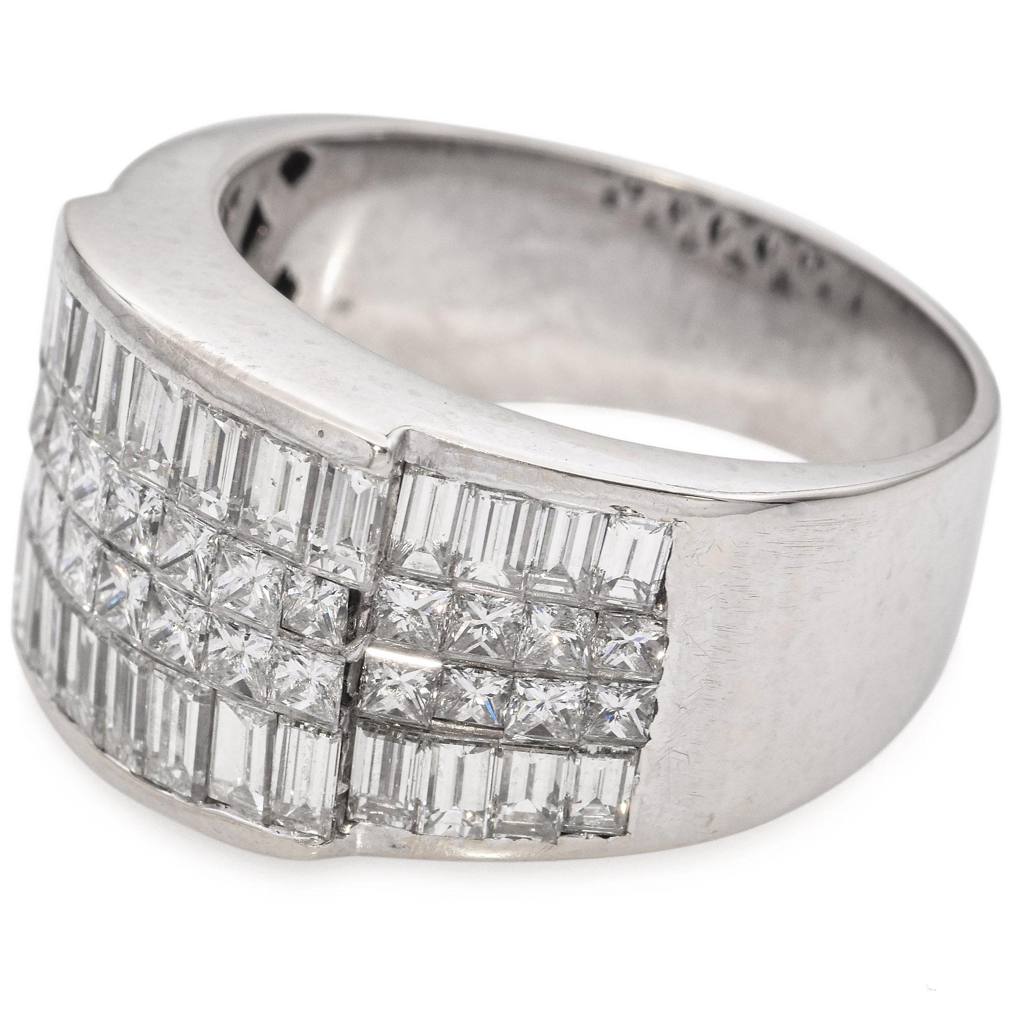 Baguette Cut Vintage White Gold Baguette and Princess Cut Diamond Wide Statement Band Ring For Sale