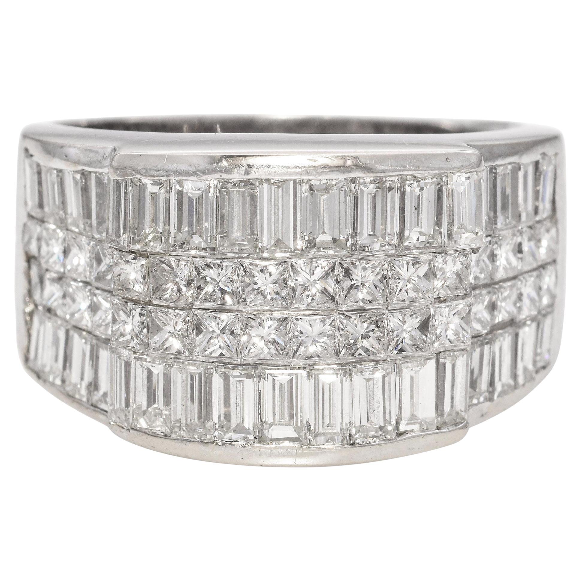Vintage White Gold Baguette and Princess Cut Diamond Wide Statement Band Ring