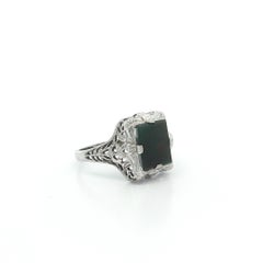 Vintage White Gold Bloodstone Dainty Solitaire Open Filigree Work Ring