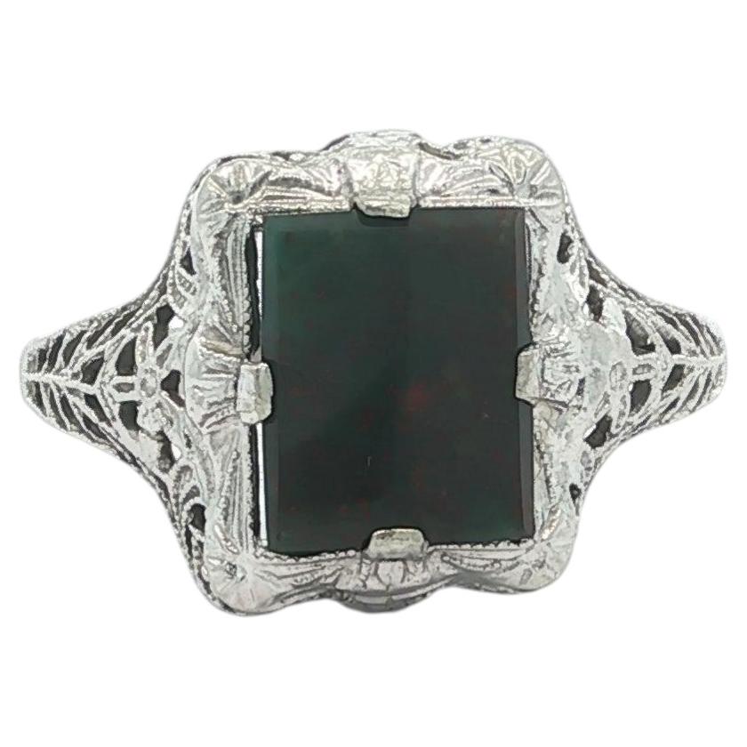 Vintage White Gold Bloodstone Dainty Solitaire Open Filigree Work Ring For Sale