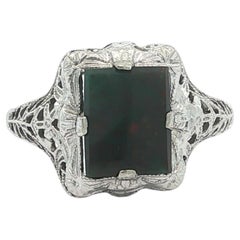 Vintage White Gold Bloodstone Dainty Solitaire Open Filigree Work Ring