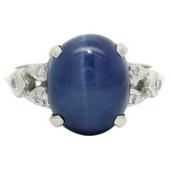 Vintage Weißgold Cabochon Blauer Stern Stein 
Diamant Seiten Cocktail Ring