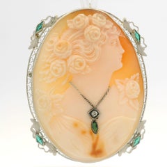 Vintage White Gold Carved Cameo Diamond & Green Stone Filigree Brooch Pendant