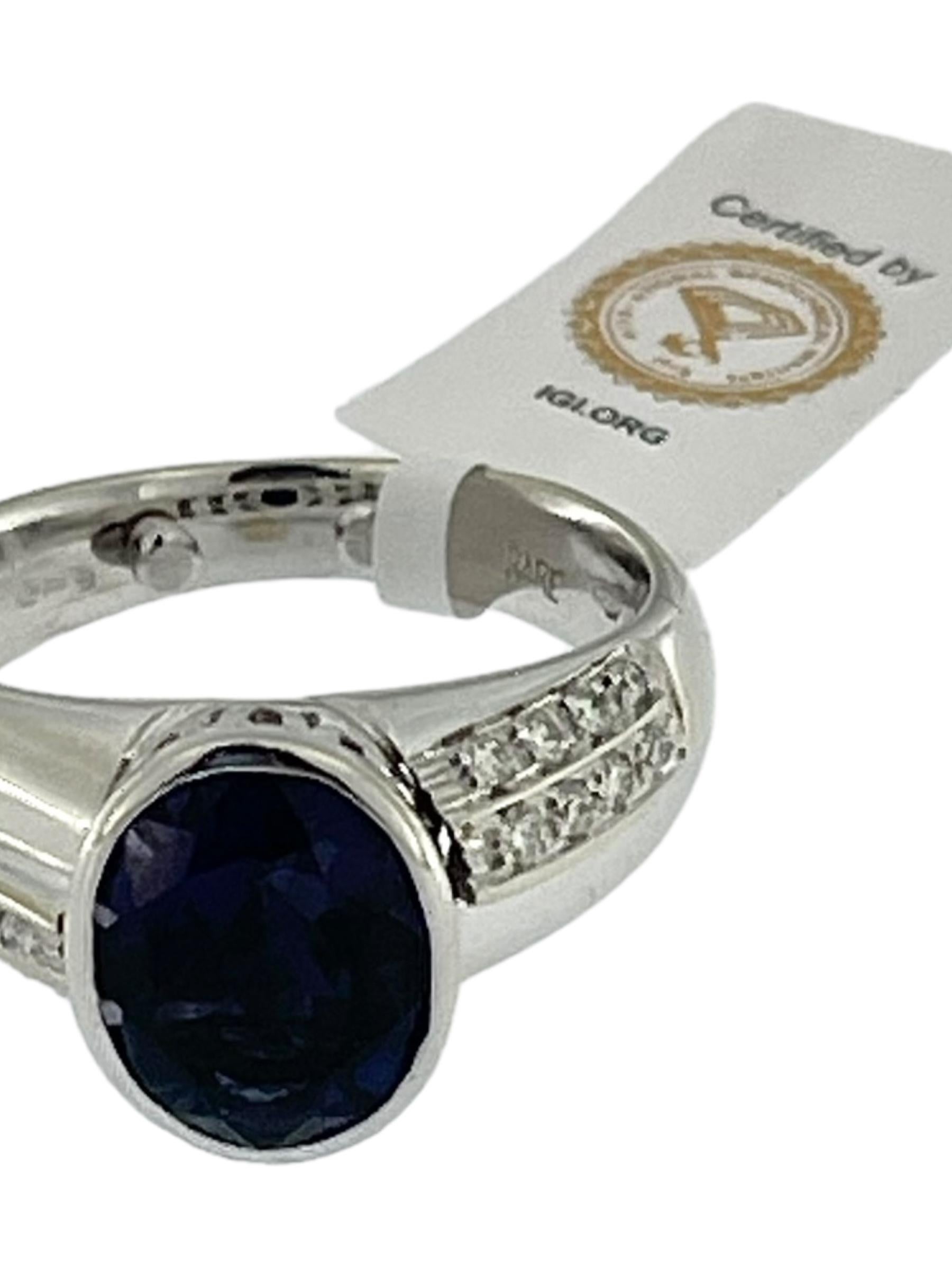 Modern Vintage White Gold Cocktail Ring with Iolite and Diamonds IGI Certified For Sale