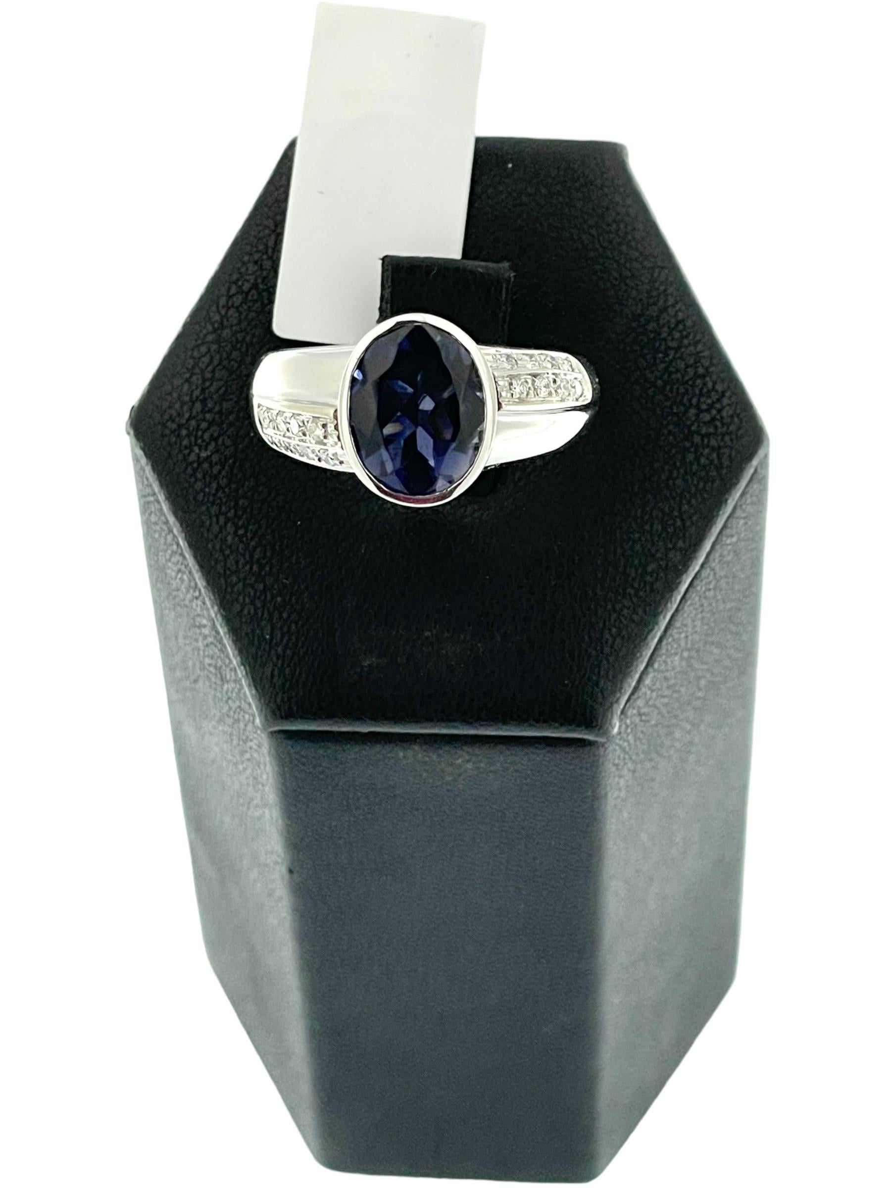Women's or Men's Vintage White Gold Cocktail Ring with Iolite and Diamonds IGI Certified For Sale