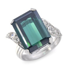Vintage White Gold Diamond & 7.85ct Lagoon Tourmaline Ring
