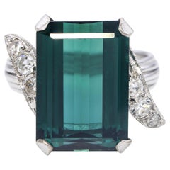 Vintage White Gold Diamond & 7.85ct Lagoon Tourmaline Ring