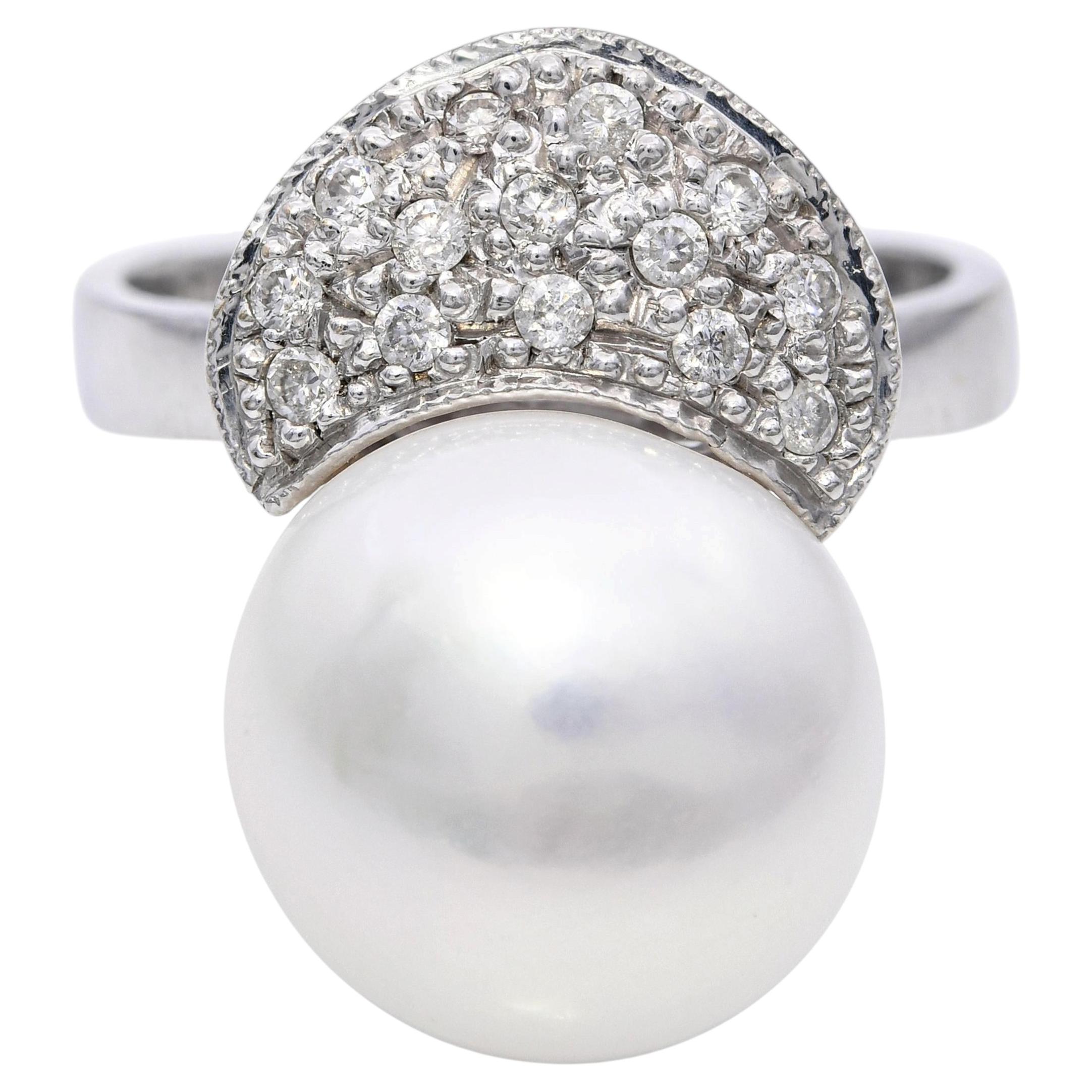 Vintage White Gold Diamond and Pearl Ring