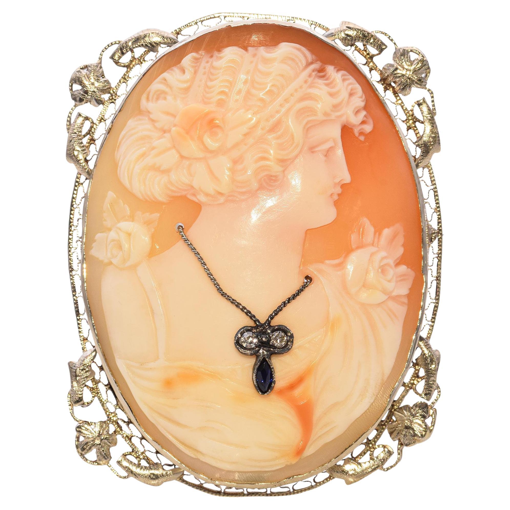 Vintage White Gold Diamond and Sapphire Cameo Brooch