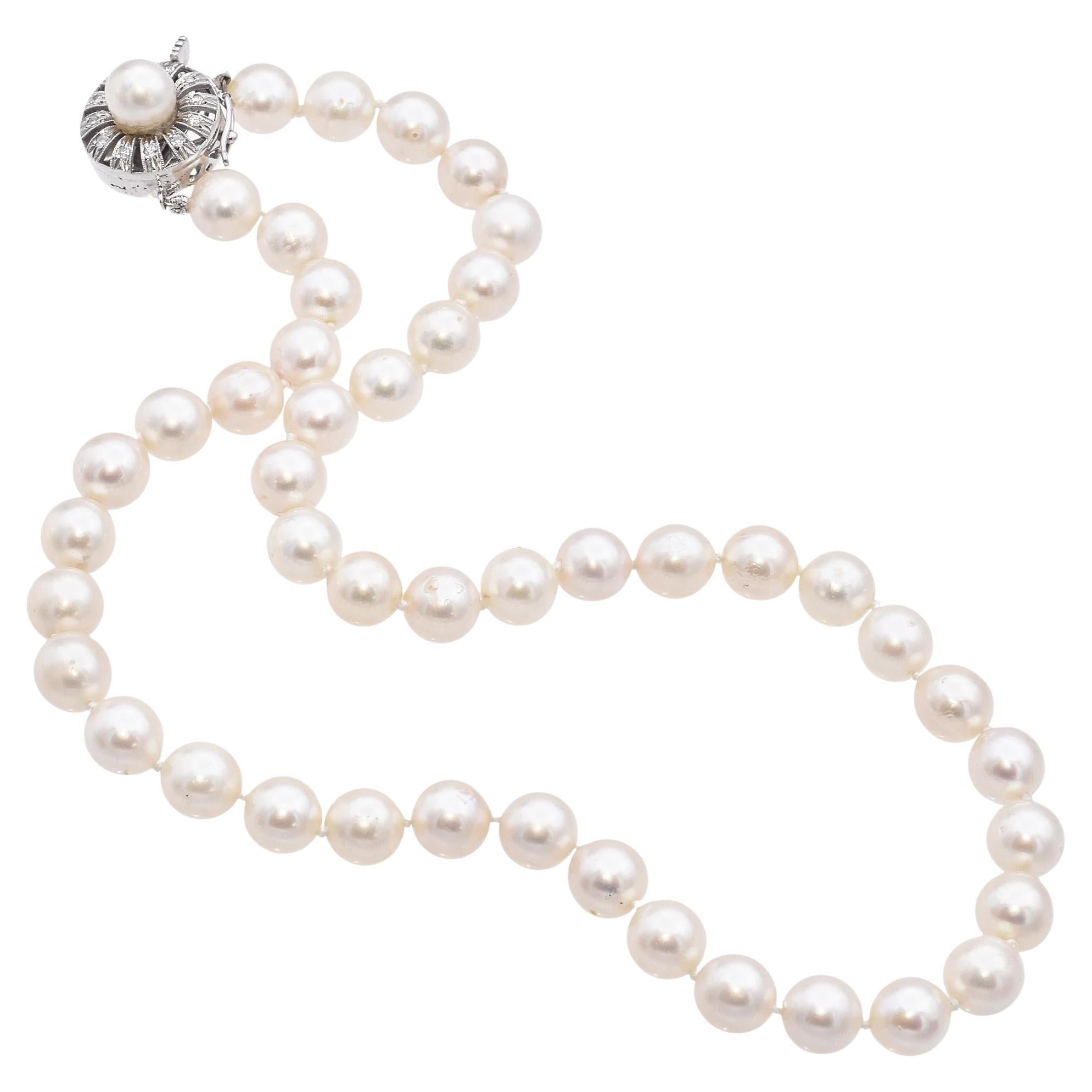 Vintage White Gold Diamond Clasp Cultured Pearl Necklace