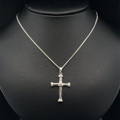Vintage White Gold Diamond Grooved Cross Pendant 20" Wheat Link Chain Necklace