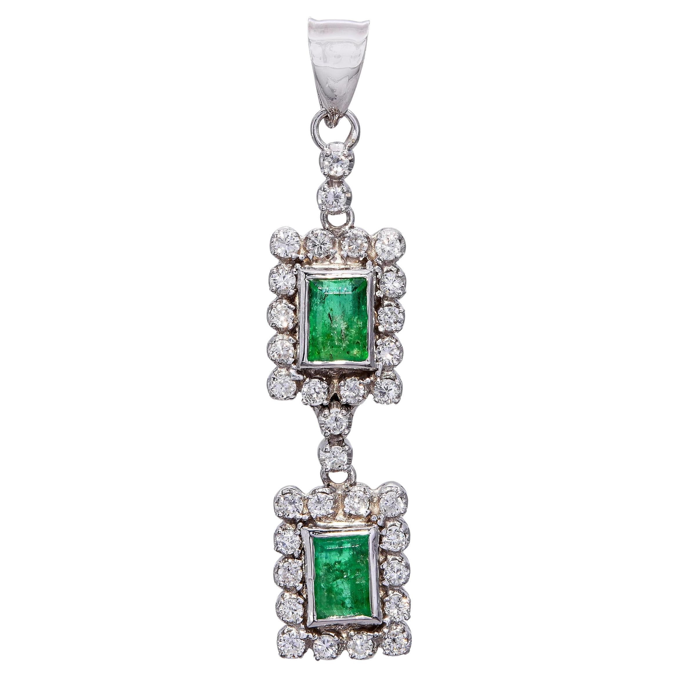 Vintage White Gold Emerald and Diamond Drop Pendant