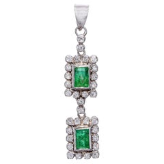 Vintage White Gold Emerald and Diamond Drop Pendant