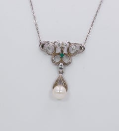 Vintage White Gold, Emerald and Pearl Necklace, 1950s