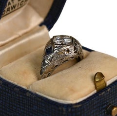Vintage 18K White Gold Filigree Ring. Round Diamond Sapphire Engagement Ring.