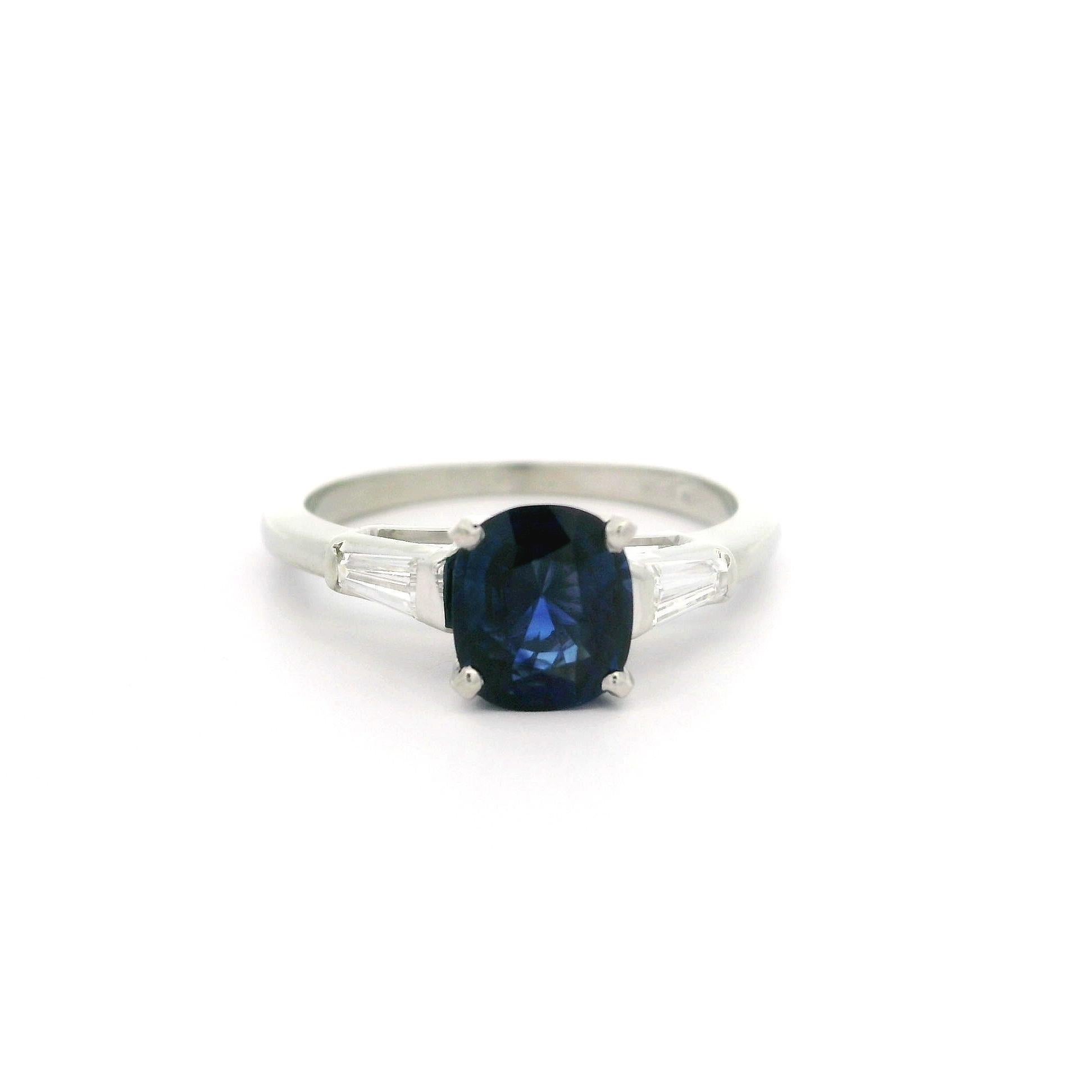 Vintage White Gold GIA 1.26ctw Cushion Sapphire & Baguette Diamond Classic Ring