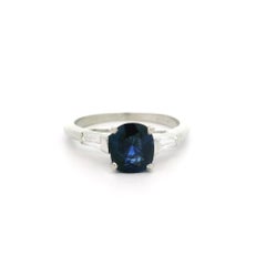 Vintage White Gold GIA 1.26ctw Cushion Sapphire & Baguette Diamond Classic Ring