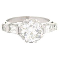 Bague de fiançailles vintage en or blanc GIA 1,47 carat avec diamant baguette rond F VS