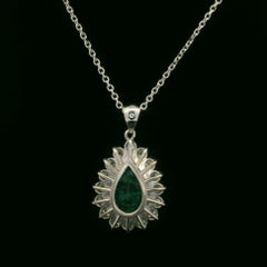Vintage White Gold GIA 2.45ctw Pear Emerald w/ Diamond Halo Pendant Necklace