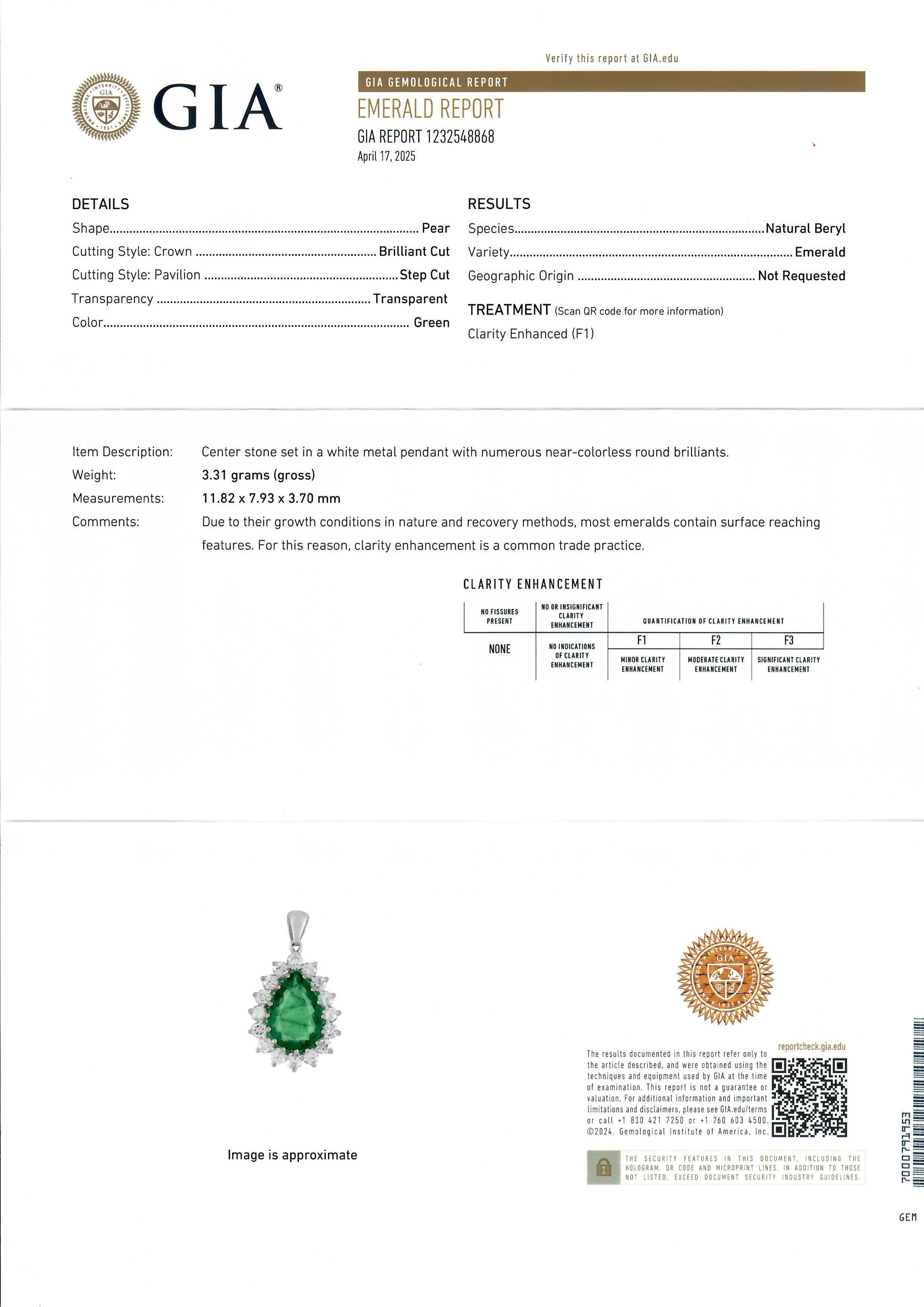 Vintage White Gold GIA 2.45ctw Pear Emerald w/ Diamond Halo Pendant Necklace In Excellent Condition For Sale In Montclair, NJ