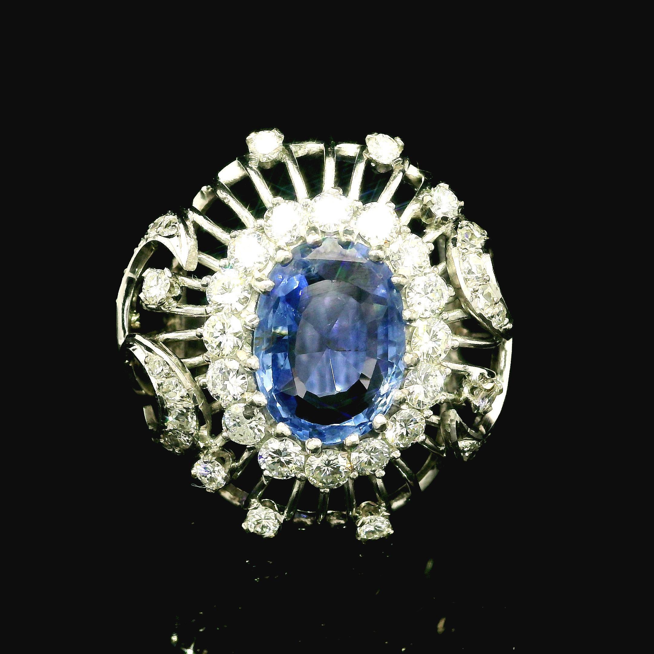 Vintage White Gold GIA 5.50ct No Heat Sapphire Diamond Open Wire Work Bombe Ring For Sale 5