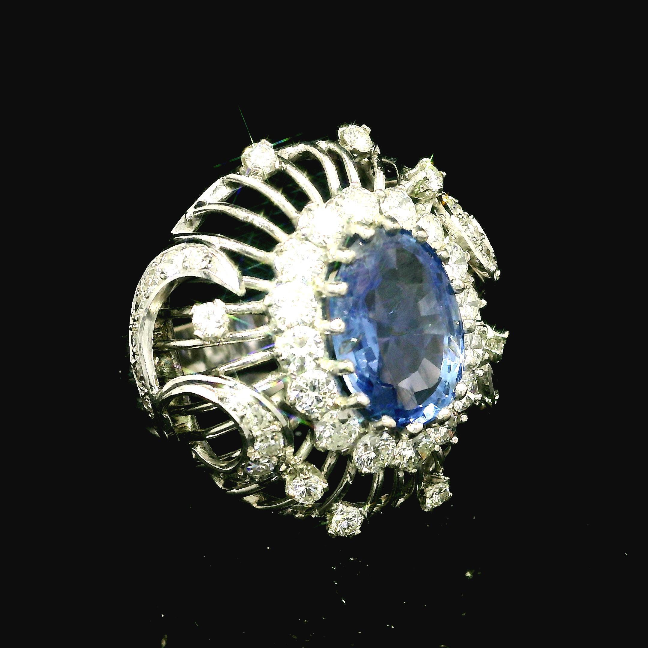 Vintage White Gold GIA 5.50ct No Heat Sapphire Diamond Open Wire Work Bombe Ring For Sale 6
