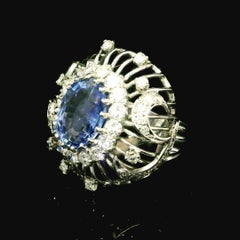 Vintage White Gold GIA 5.50ct No Heat Sapphire Diamond Open Wire Work Bombe Ring