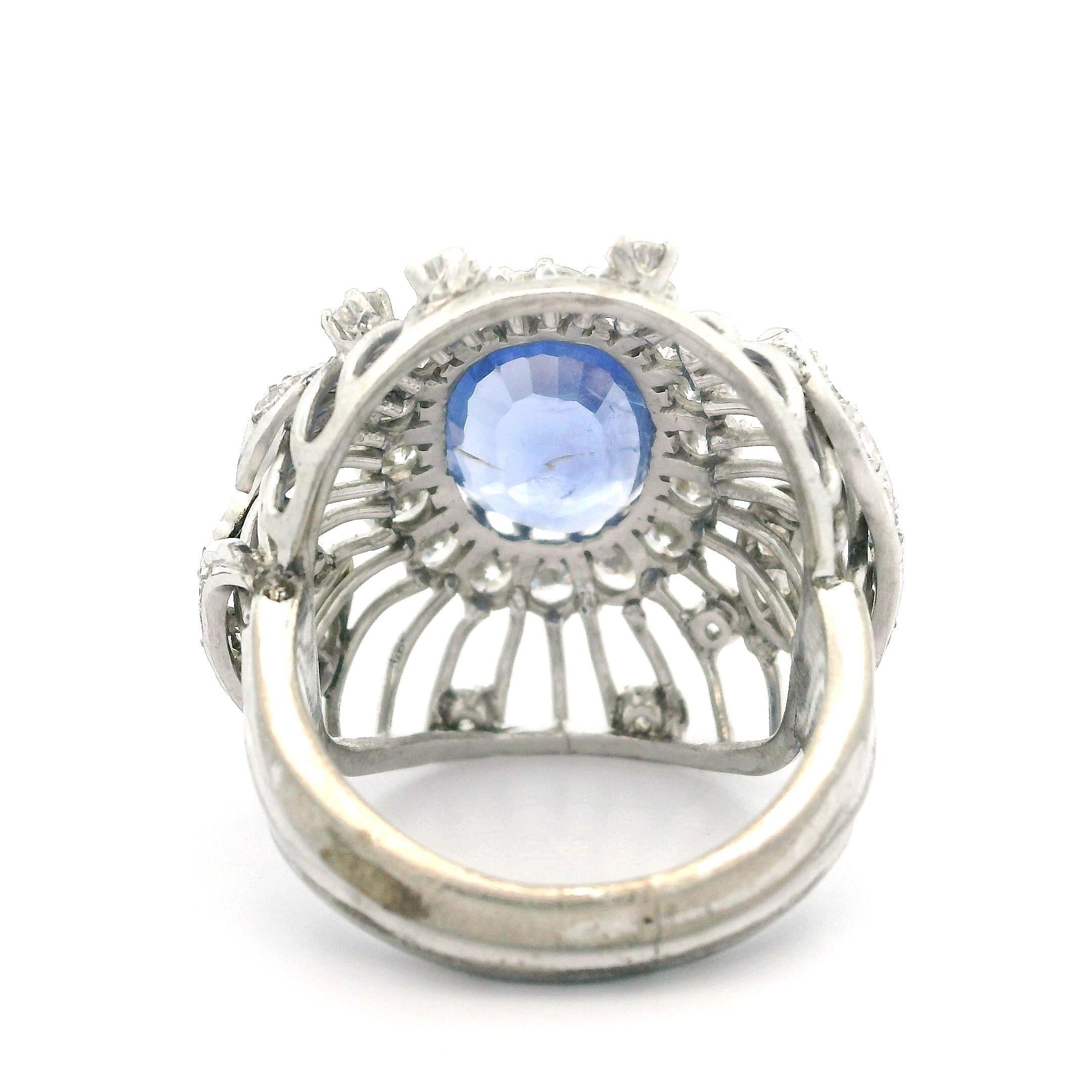 Vintage White Gold GIA 5.50ct No Heat Sapphire Diamond Open Wire Work Bombe Ring For Sale 1