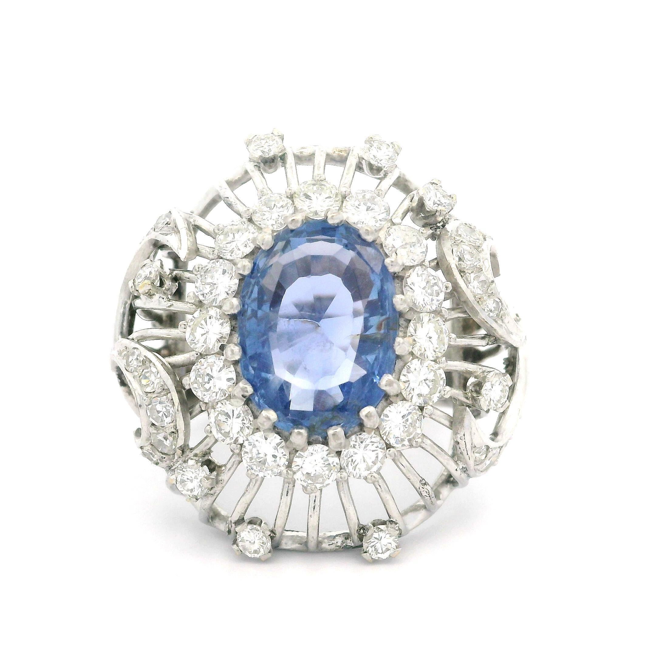 Vintage White Gold GIA 5.50ct No Heat Sapphire Diamond Open Wire Work Bombe Ring For Sale 2