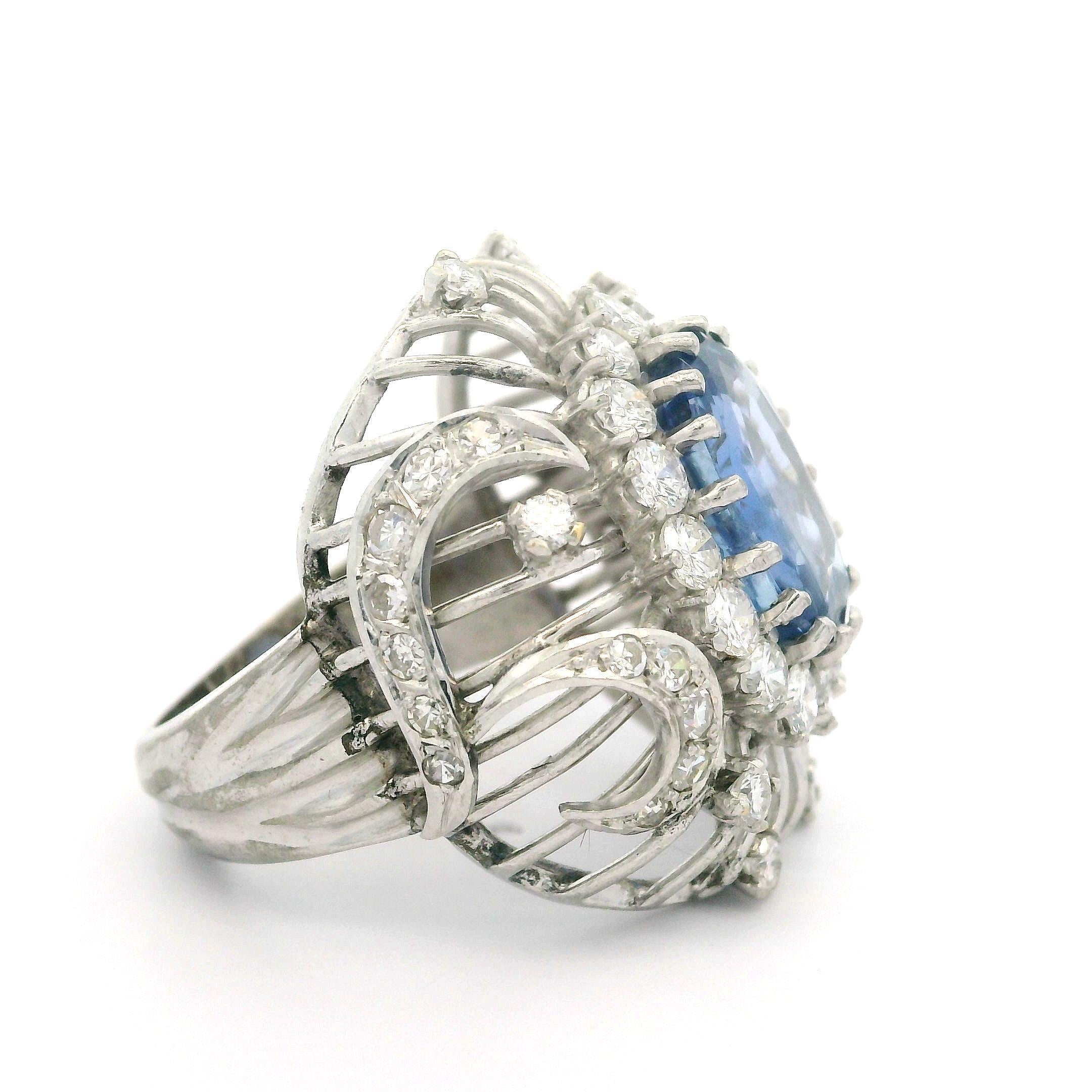 Vintage White Gold GIA 5.50ct No Heat Sapphire Diamond Open Wire Work Bombe Ring For Sale 3