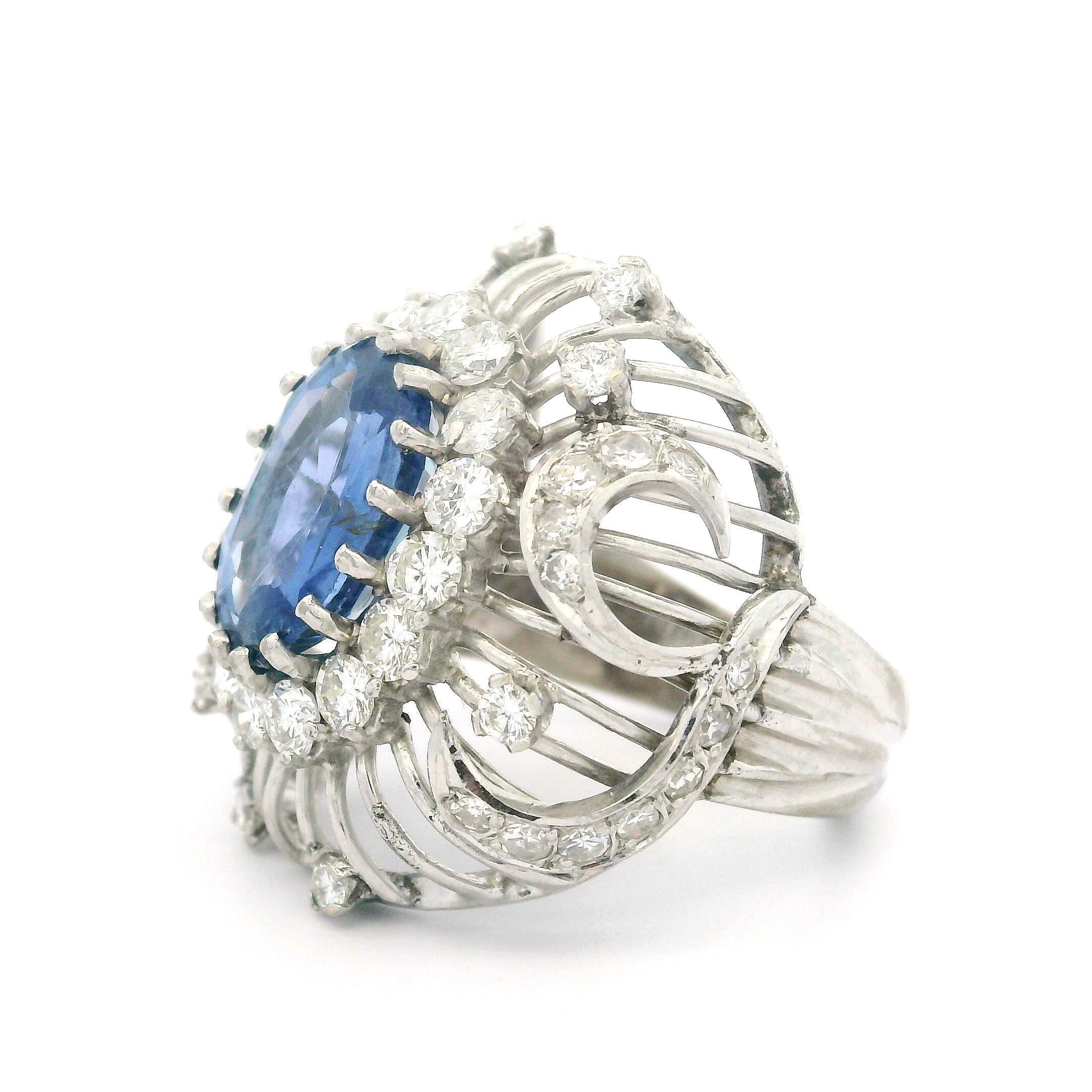 Vintage White Gold GIA 5.50ct No Heat Sapphire Diamond Open Wire Work Bombe Ring For Sale 4