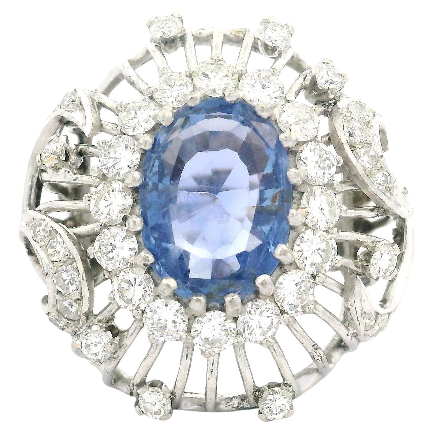 Vintage White Gold GIA 5.50ct No Heat Sapphire Diamond Open Wire Work Bombe Ring For Sale