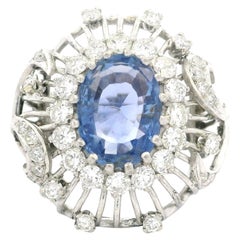 Vintage Oro Blanco GIA 5.50ct Sin Calor Zafiro Diamante Abierto Wire Work Bombe Anillo