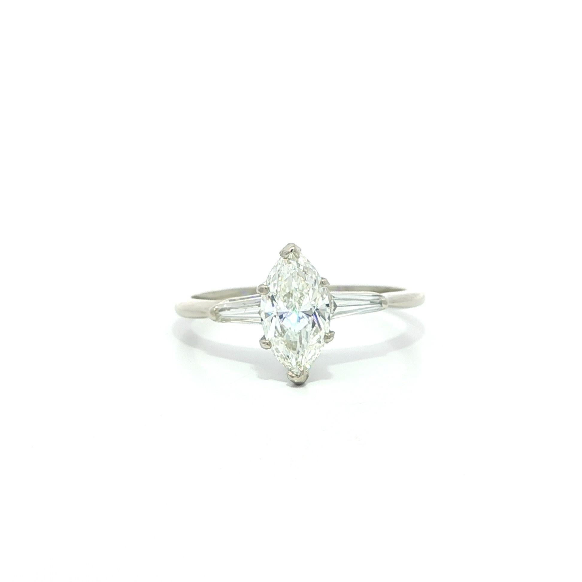 Vintage White Gold GIA Marquise 
Baguette Sides Diamond Classic Engagement Ring For Sale