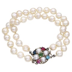 Vintage White Gold Multi Gem Clasp Double Strand Pearl Bracelet