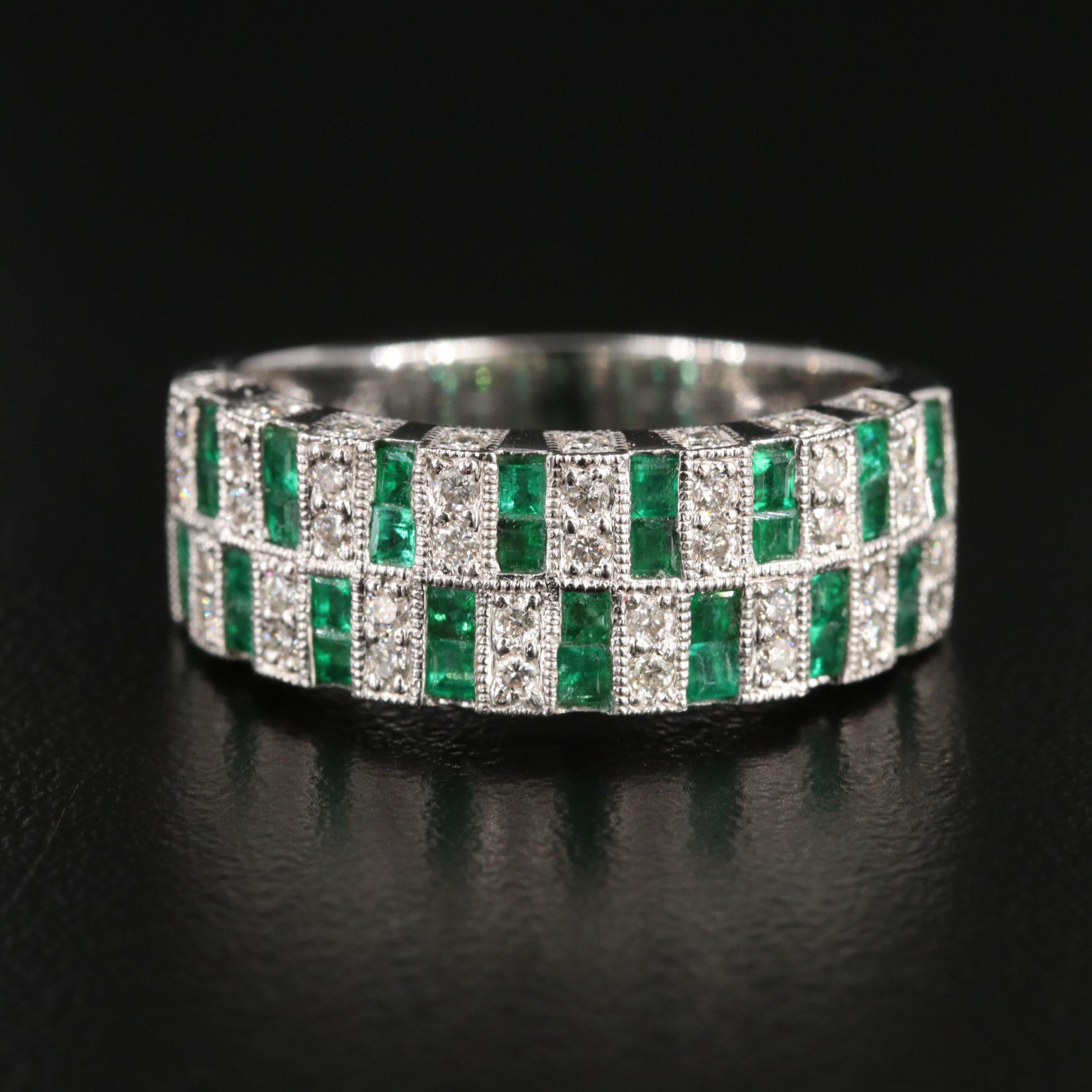 For Sale:  Vintage White Gold Natural Emerald and Diamond Wedding Band Ring, Cluster Ring 6