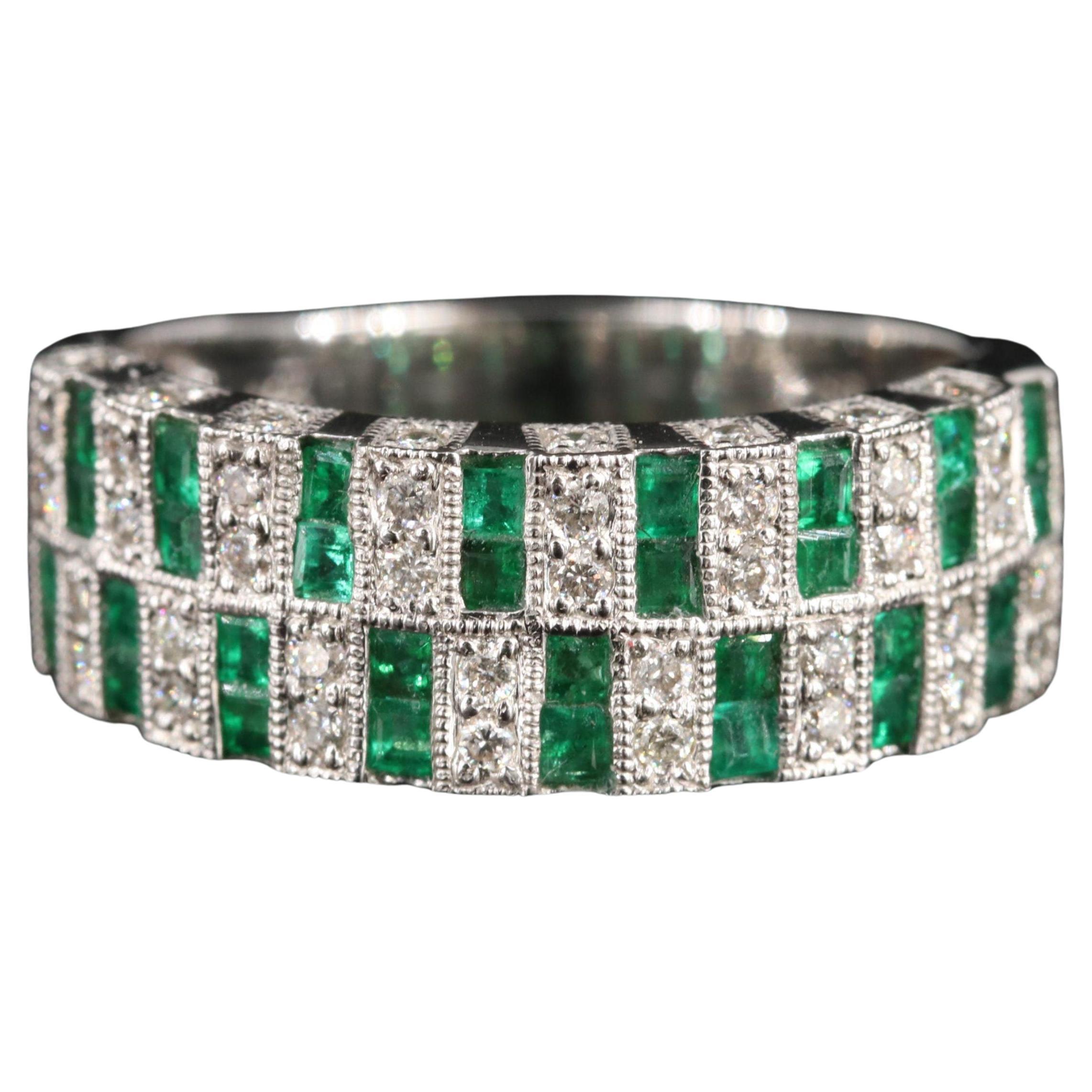For Sale:  Vintage White Gold Natural Emerald and Diamond Wedding Band Ring, Cluster Ring