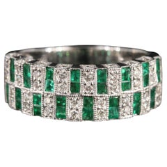 Vintage White Gold Natural Emerald and Diamond Wedding Band Ring, Cluster Ring