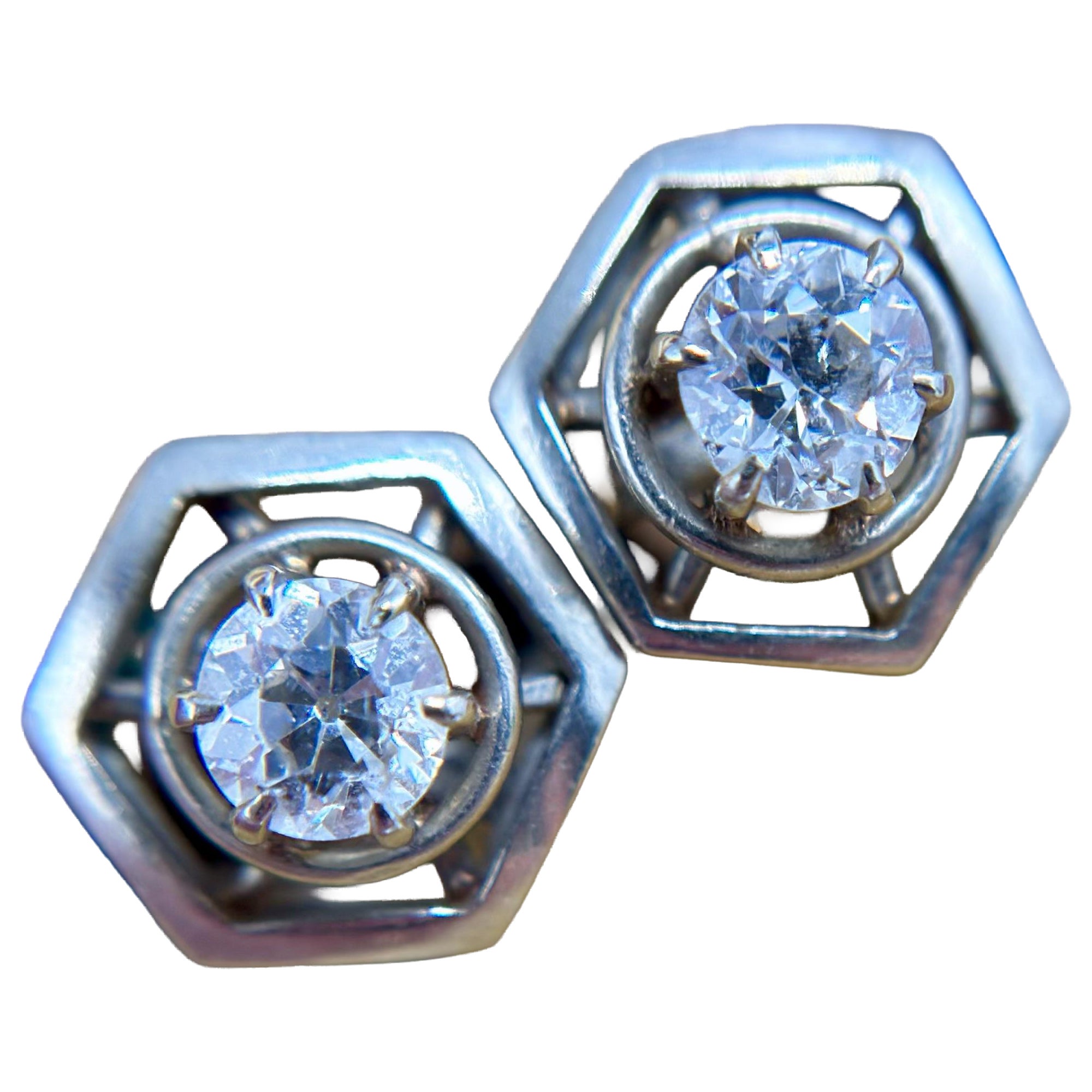Vintage White Gold Old European Cut Diamond Stud Earrings For Sale