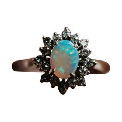 Vintage White Gold Opal and Diamond Halo Ring, White Opal Diamond Ring, 1960s