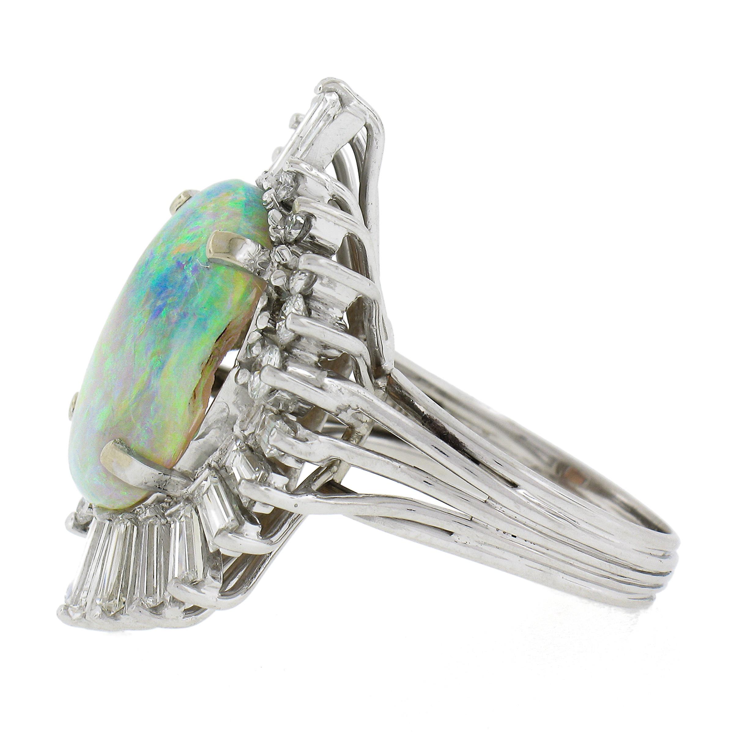 Vintage White Gold Oval Cabochon Opal & Diamond Ballerina Halo Cocktail Ring For Sale 1