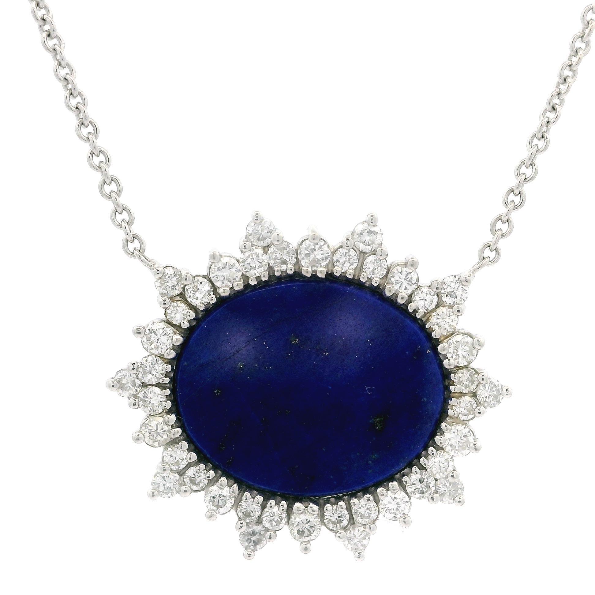 Vintage White Gold Oval Lapis 1.20ctw Diamond Spray Halo Pendant 20.5
